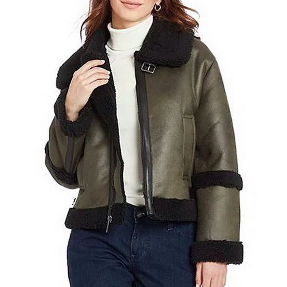 NEW Frye Women Water Resistant Faux Leather Shearling Aviator Jacket Coat, Large